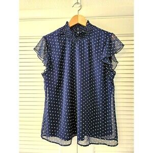 Tamara H Womens XL Sheer Navy Blue Polka Dot Short Flutter Sleeve Blouse Hi Neck